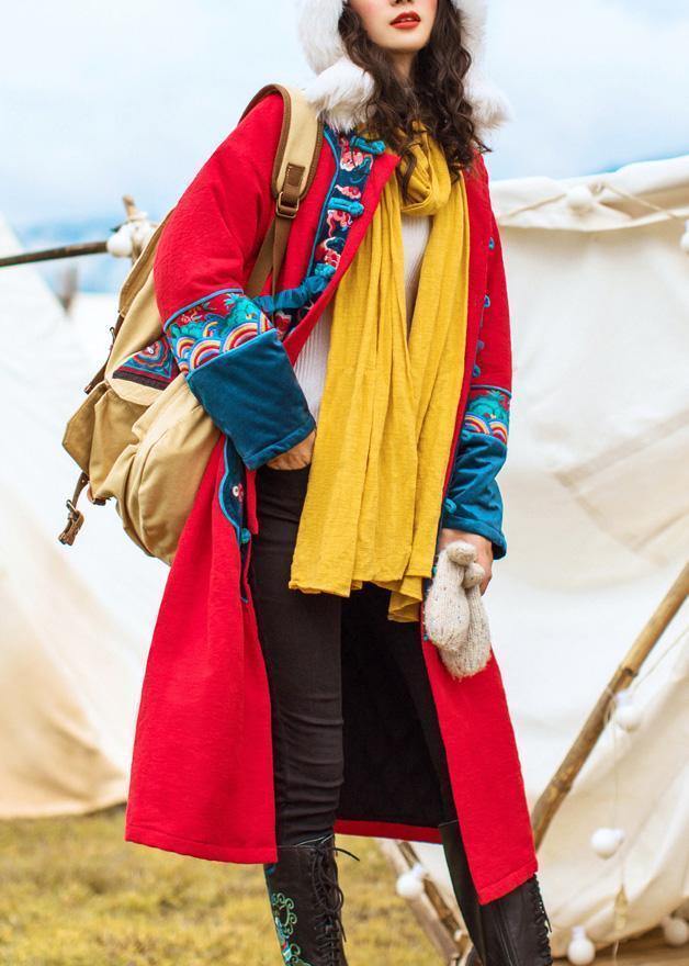 Thick Jackets & Coats Embroidery Winter Outwear Red Chinese Button Parkas for