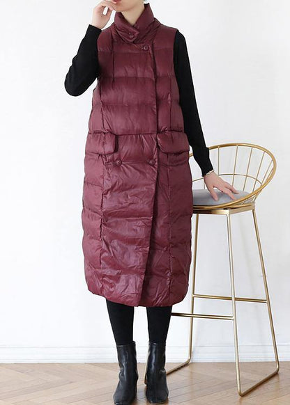 Thick Warm Winter Coat Stand Collar Winter Coats Burgundy Sleeveless Parkas for