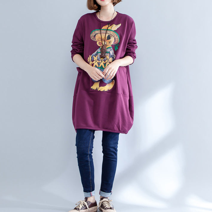 Thick Warm Burgundy Print Cotton Maternity Dress Oversize O Neck Dress