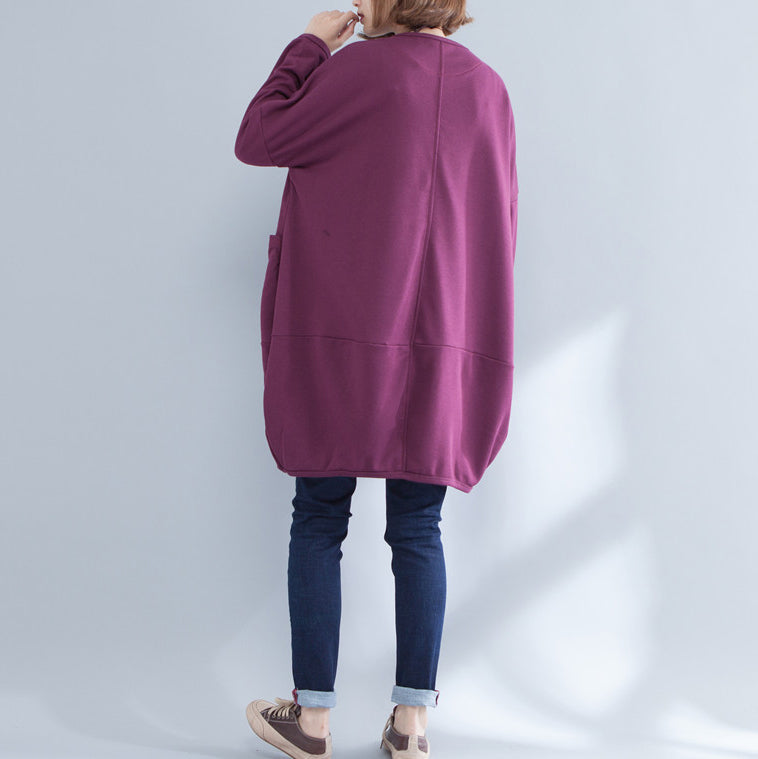 Thick Warm Burgundy Print Cotton Maternity Dress Oversize O Neck Dress