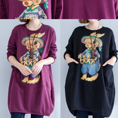 Thick Warm Burgundy Print Cotton Maternity Dress Oversize O Neck Dress