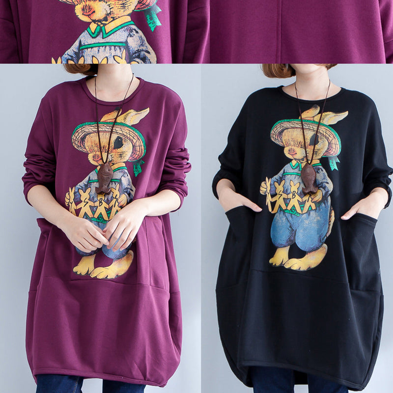 Thick Warm Burgundy Print Cotton Maternity Dress Oversize O Neck Dress