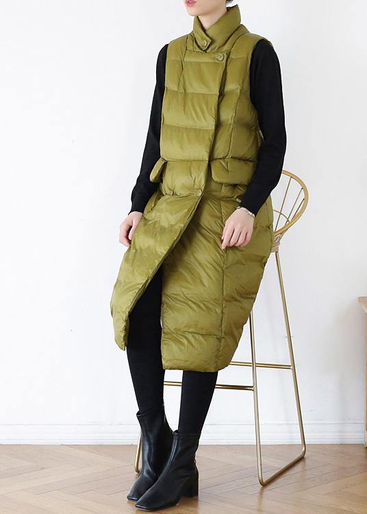 Thick Yellow Green Outfit Down Jacket Stand Collar Sleeveless Winter Outwear
