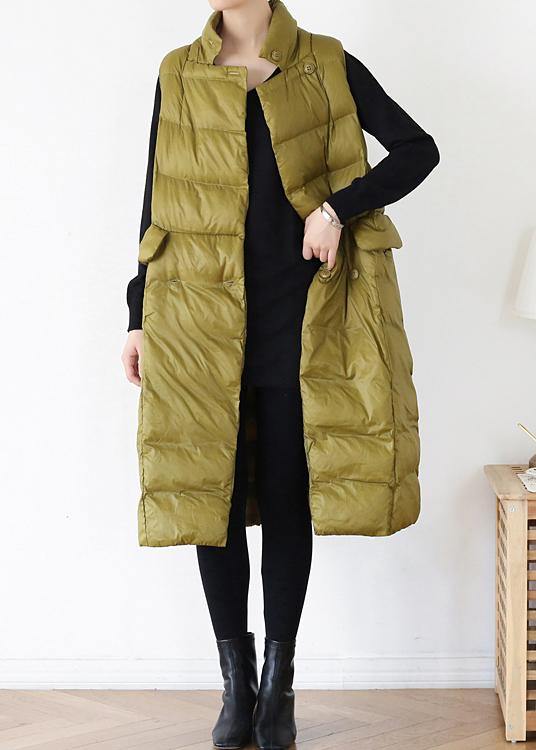 Thick Yellow Green Outfit Down Jacket Stand Collar Sleeveless Winter Outwear