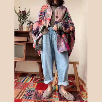 Thick Prints Outwear Clothing Snow Jackets Patchwork V Neck Overcoat