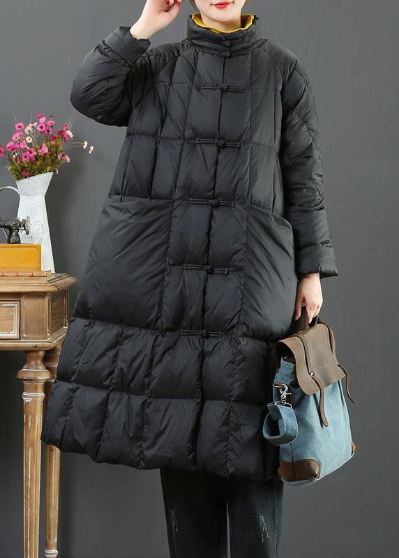 Fine Loose Fitting Long Coat Winter Jacket Black Stand Collar Chinese Button Woolen Outwear