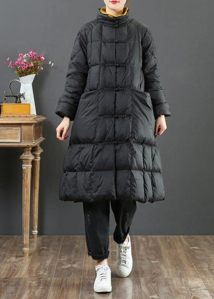 Fine Loose Fitting Long Coat Winter Jacket Black Stand Collar Chinese Button Woolen Outwear