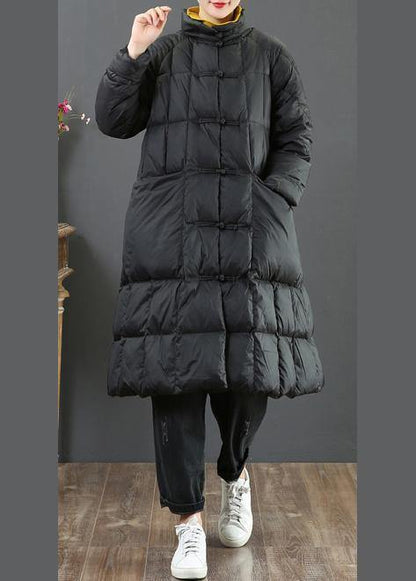 Fine Loose Fitting Long Coat Winter Jacket Black Stand Collar Chinese Button Woolen Outwear