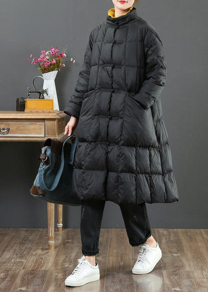 Fine Loose Fitting Long Coat Winter Jacket Black Stand Collar Chinese Button Woolen Outwear
