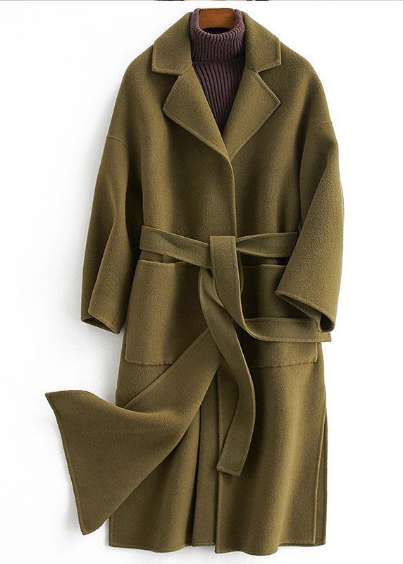 Fine Loose Fitting Long Coat Tie Waist Green Notched Woolen Outwear
