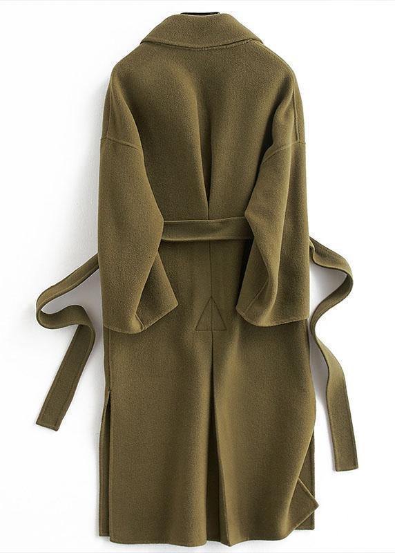 Fine Loose Fitting Long Coat Tie Waist Green Notched Woolen Outwear