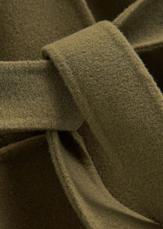 Fine Loose Fitting Long Coat Tie Waist Green Notched Woolen Outwear