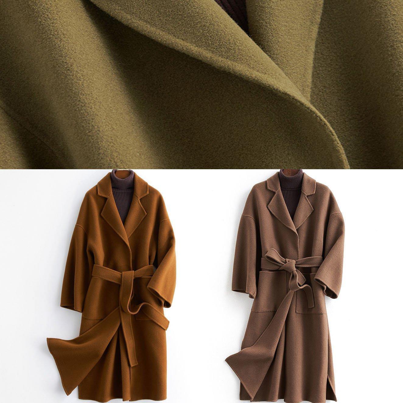 Fine Loose Fitting Long Coat Tie Waist Green Notched Woolen Outwear