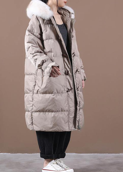 Loose Fitting Snow Jackets Pocket Outwear Khaki Hooded Fur Collar Down Coats