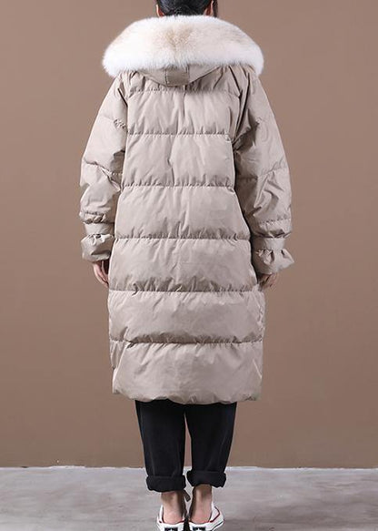 Loose Fitting Snow Jackets Pocket Outwear Khaki Hooded Fur Collar Down Coats
