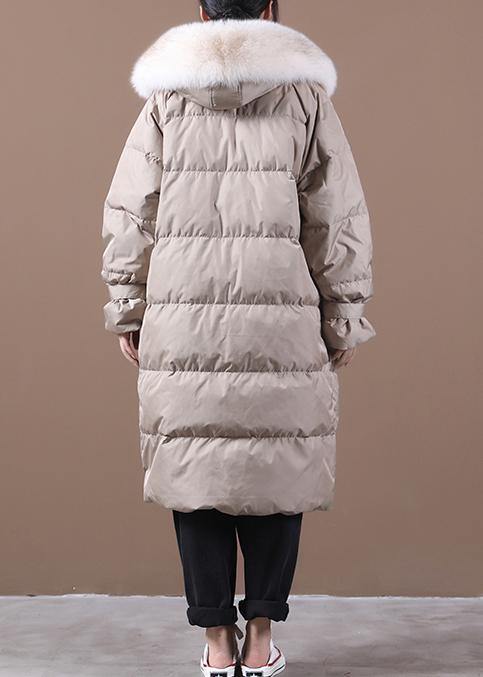 Loose Fitting Snow Jackets Pocket Outwear Khaki Hooded Fur Collar Down Coats