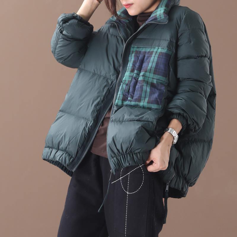 Loose Fitting Parka Jackets Blackish Green Stand Collar Patchwork Warm Winter Coat