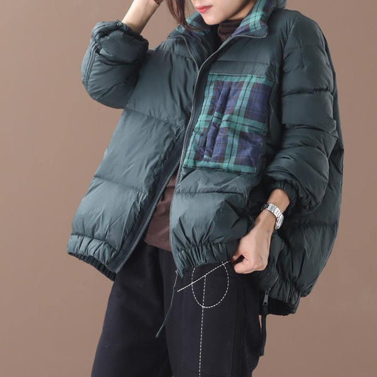 Loose Fitting Parka Jackets Blackish Green Stand Collar Patchwork Warm Winter Coat