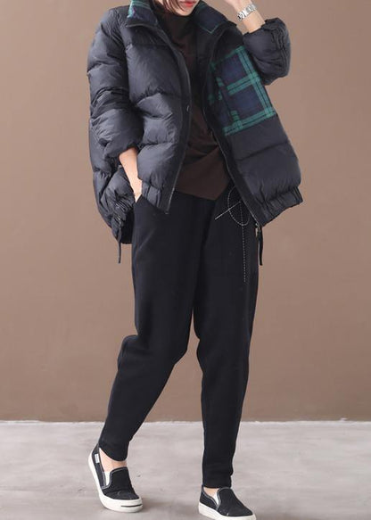 Loose Fitting Parka Jackets Blackish Green Stand Collar Patchwork Warm Winter Coat