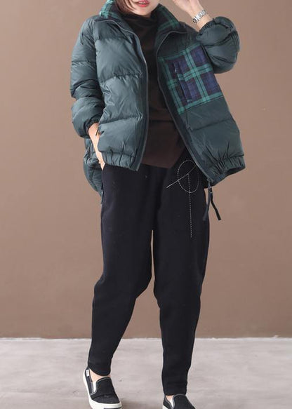 Loose Fitting Parka Jackets Blackish Green Stand Collar Patchwork Warm Winter Coat