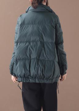 Loose Fitting Parka Jackets Blackish Green Stand Collar Patchwork Warm Winter Coat