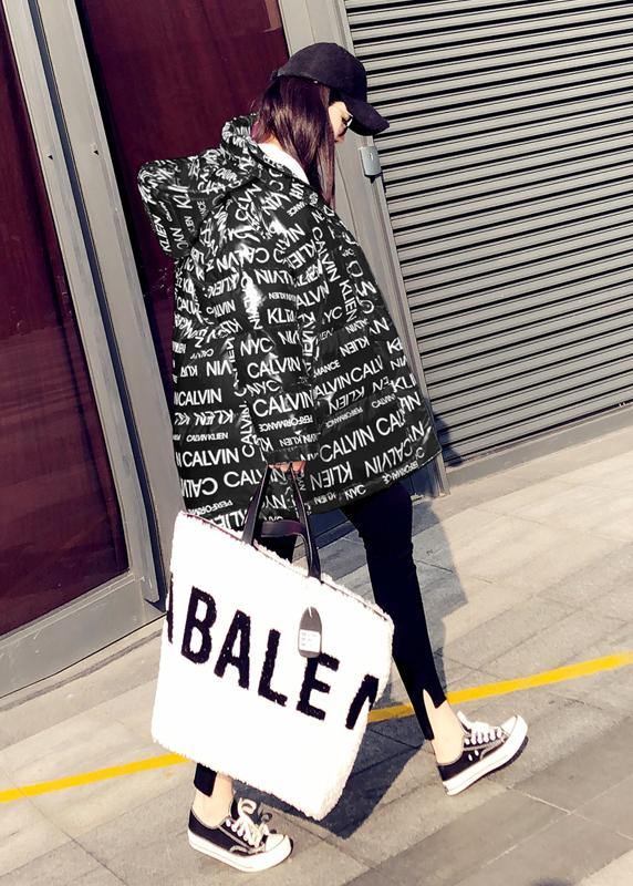 Fine Loose Fitting Parka Winter Outwear Black Letter Hooded Pockets Goose Down Coat