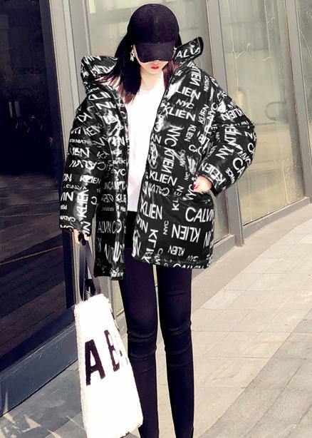 Fine Loose Fitting Parka Winter Outwear Black Letter Hooded Pockets Goose Down Coat