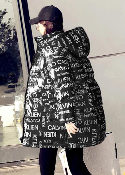 Fine Loose Fitting Parka Winter Outwear Black Letter Hooded Pockets Goose Down Coat
