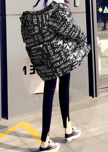 Fine Loose Fitting Parka Winter Outwear Black Letter Hooded Pockets Goose Down Coat