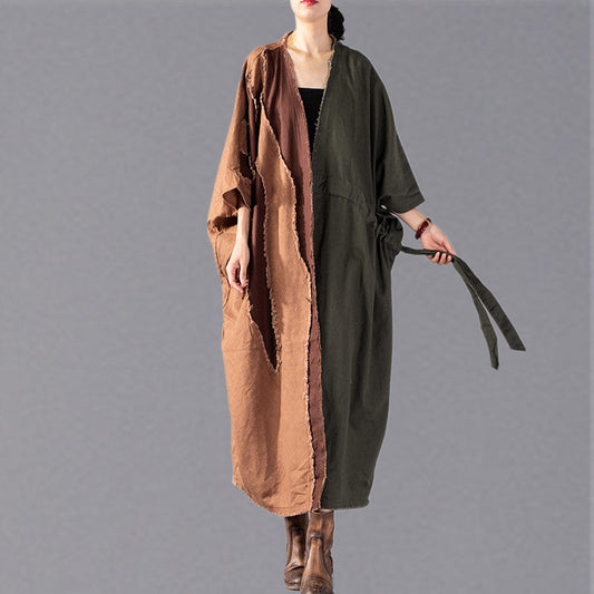 Fine Army Green Coat Oversize Patchwork Trench Coat Drawstring Jackets