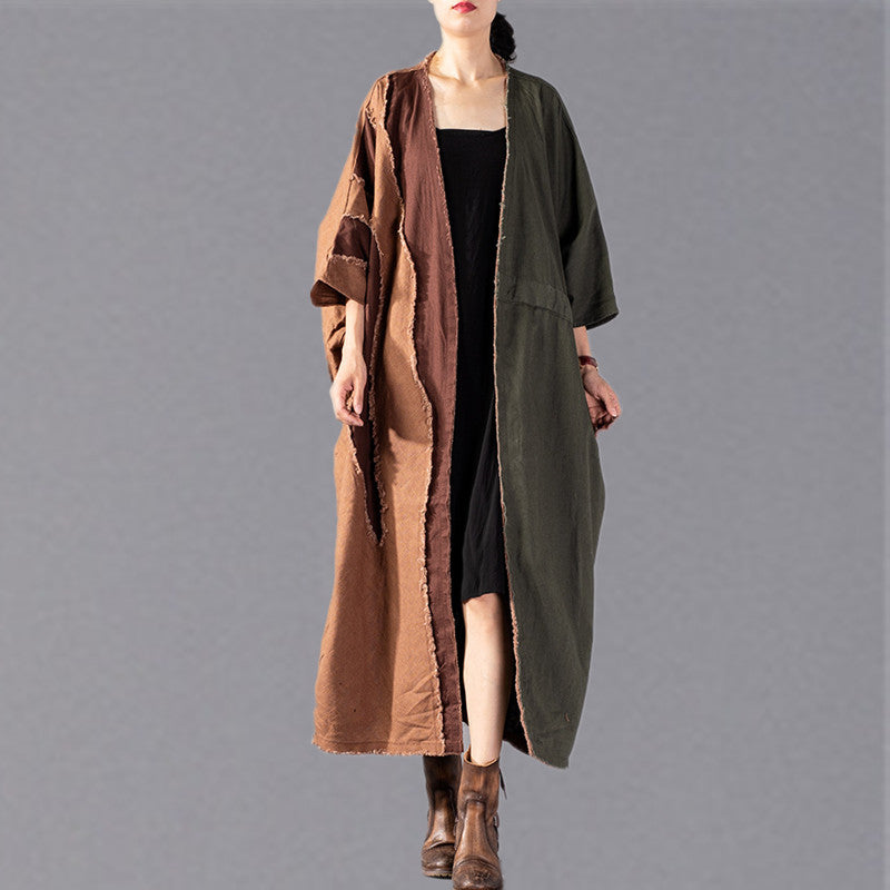 Fine Army Green Coat Oversize Patchwork Trench Coat Drawstring Jackets