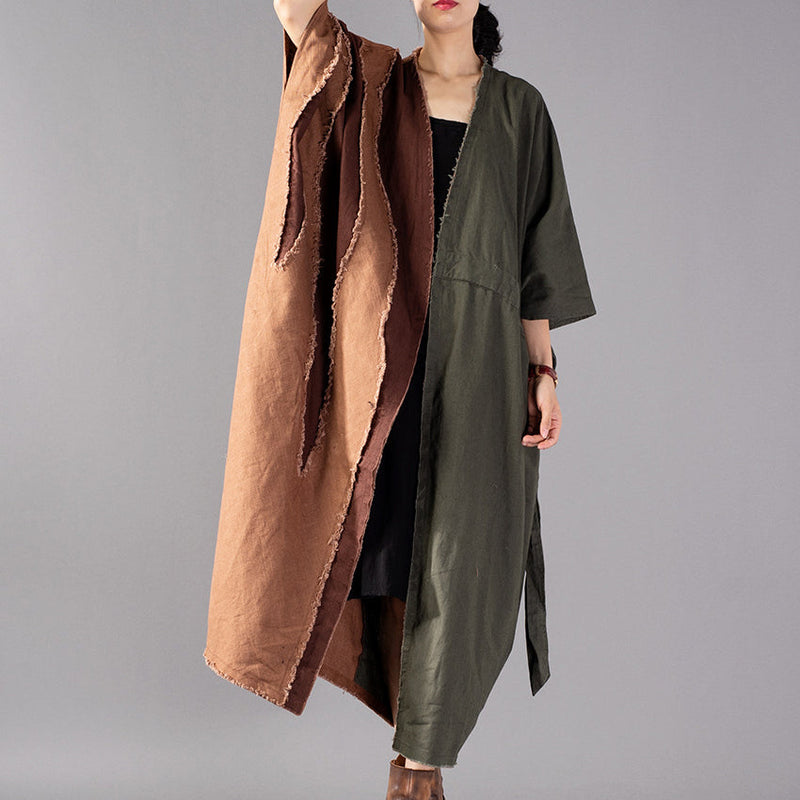 Fine Army Green Coat Oversize Patchwork Trench Coat Drawstring Jackets