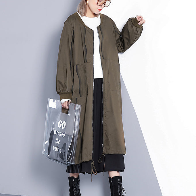 Fine Army Green Coat Stand Collar Long Coat New Cinched Baggy Trench Coat