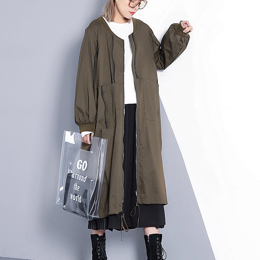 Fine Army Green Coat Stand Collar Long Coat New Cinched Baggy Trench Coat