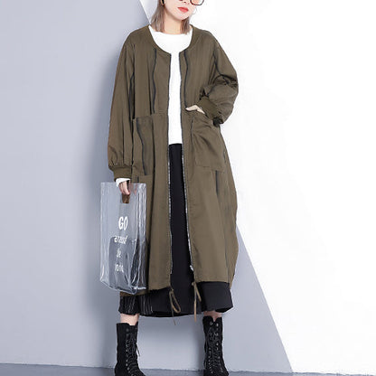 Fine Army Green Coat Stand Collar Long Coat New Cinched Baggy Trench Coat