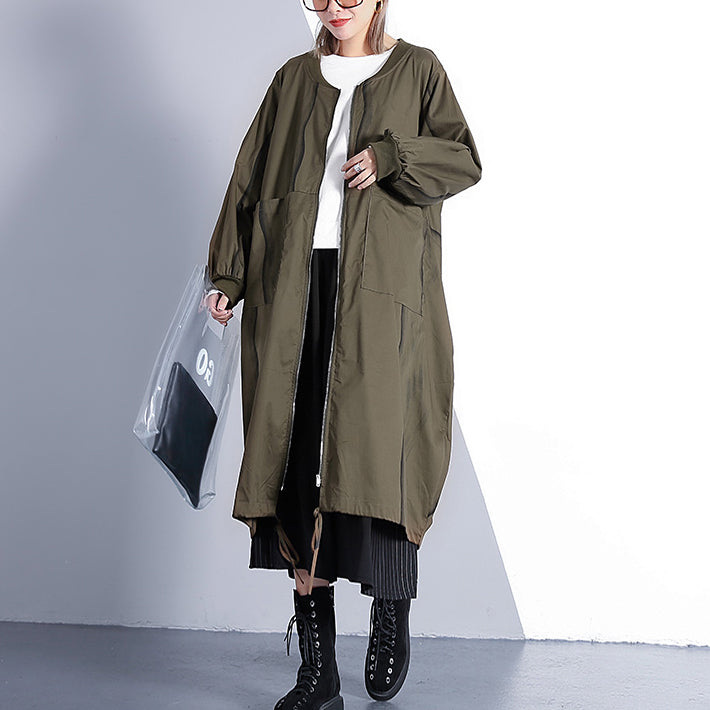 Fine Army Green Coat Stand Collar Long Coat New Cinched Baggy Trench Coat