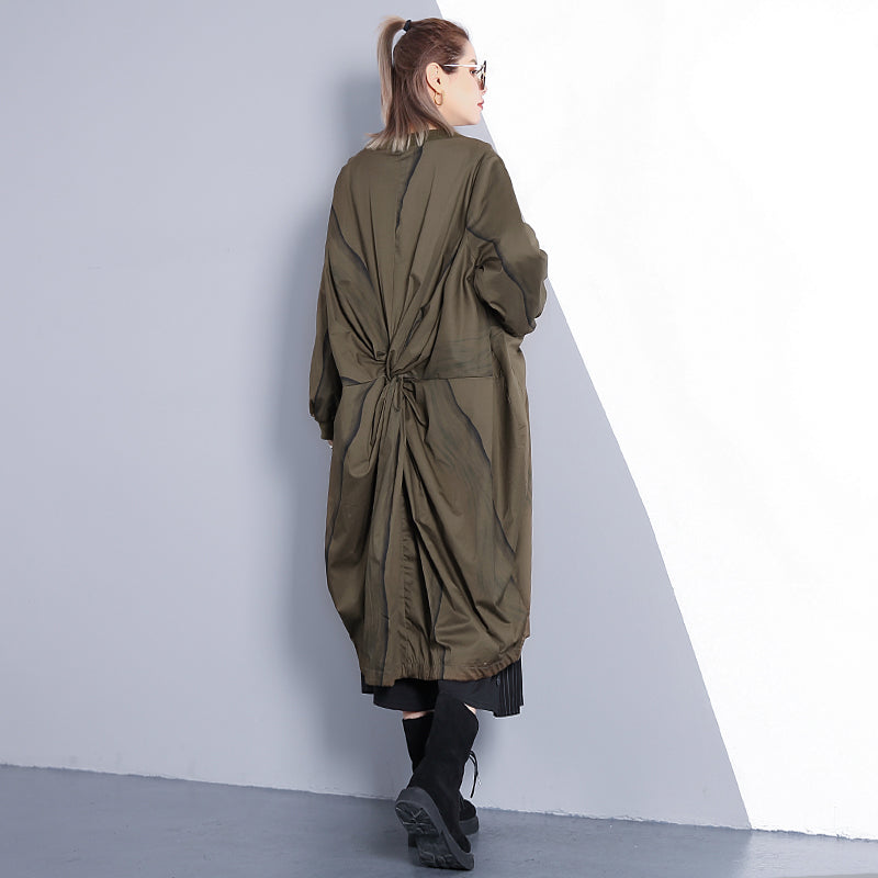 Fine Army Green Coat Stand Collar Long Coat New Cinched Baggy Trench Coat