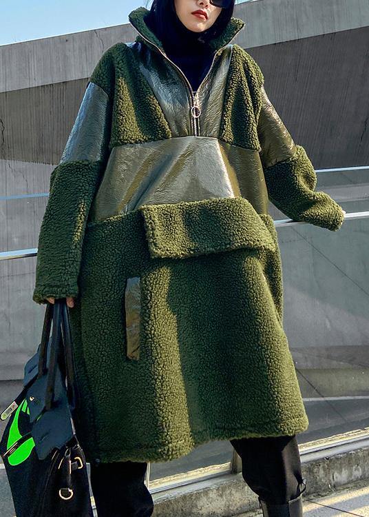 Army Green Wool Coat Winter Lapel Patchwork Pu Jacket