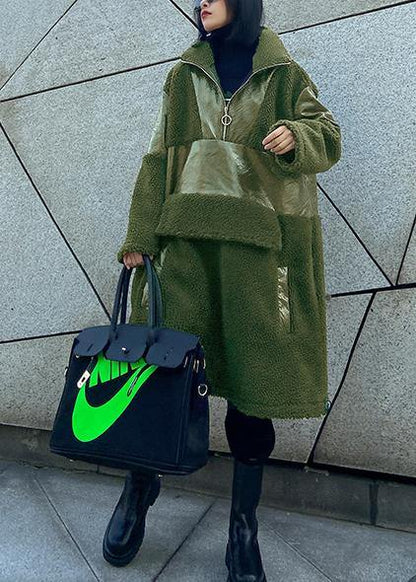 Army Green Wool Coat Winter Lapel Patchwork Pu Jacket