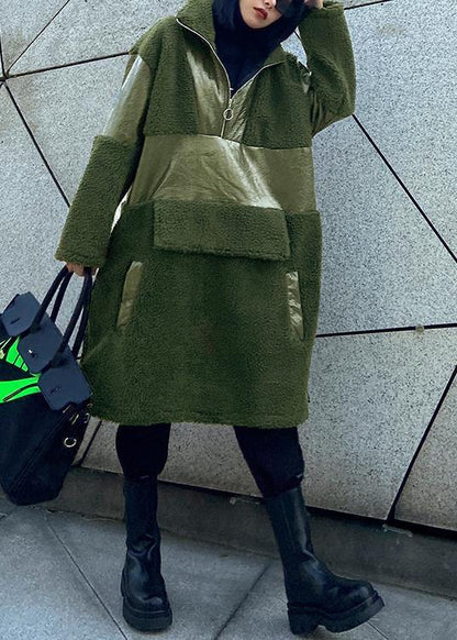 Army Green Wool Coat Winter Lapel Patchwork Pu Jacket