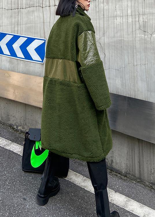 Army Green Wool Coat Winter Lapel Patchwork Pu Jacket