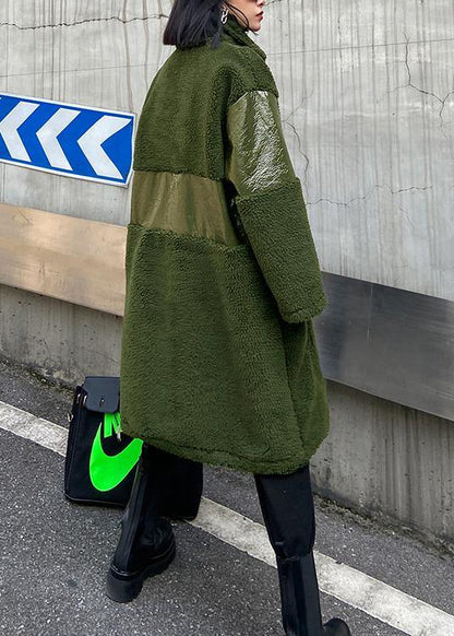 Army Green Wool Coat Winter Lapel Patchwork Pu Jacket