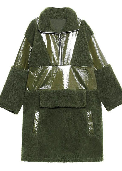 Army Green Wool Coat Winter Lapel Patchwork Pu Jacket