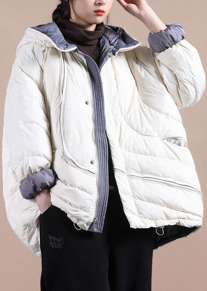 Beige Down Jacket Woman Down Jacket Hooded Pockets Overcoat