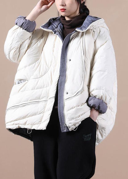 Beige Down Jacket Woman Down Jacket Hooded Pockets Overcoat