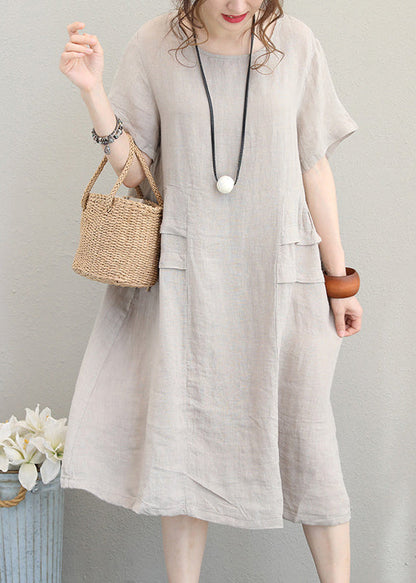 Fine Print2 Linen Dress Linen Clothing Dresses O Neck Patchwork Cotton Dress