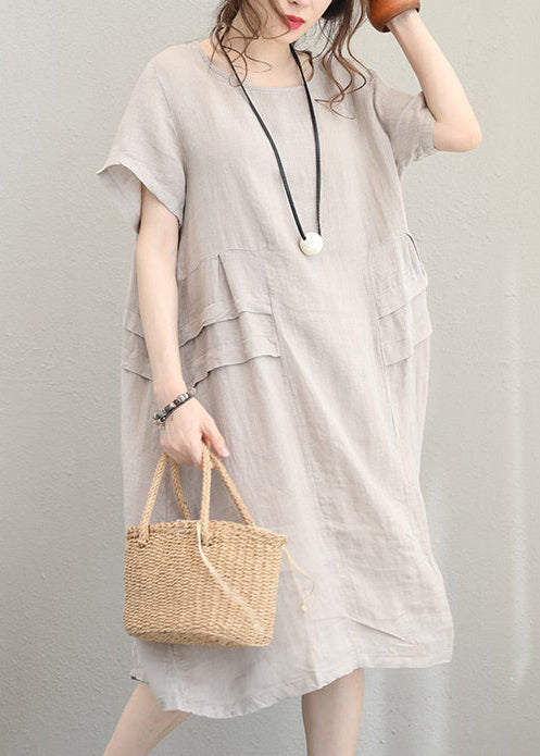 Fine Print4 Linen Dress Linen Clothing Dresses O Neck Patchwork Cotton Dress