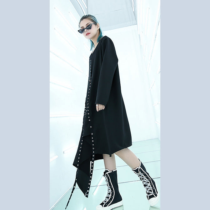 Fine Black Midi-length Dress Oversized Traveling Asymmetrical Design Boutique O Neck Autumn Dress