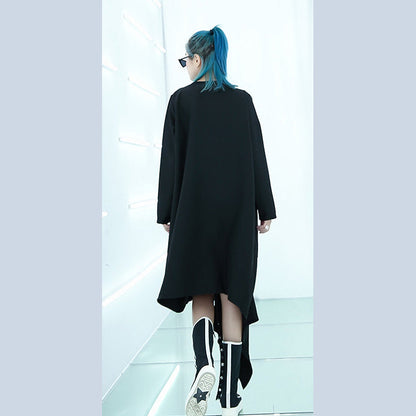 Fine Black Midi-length Dress Oversized Traveling Asymmetrical Design Boutique O Neck Autumn Dress