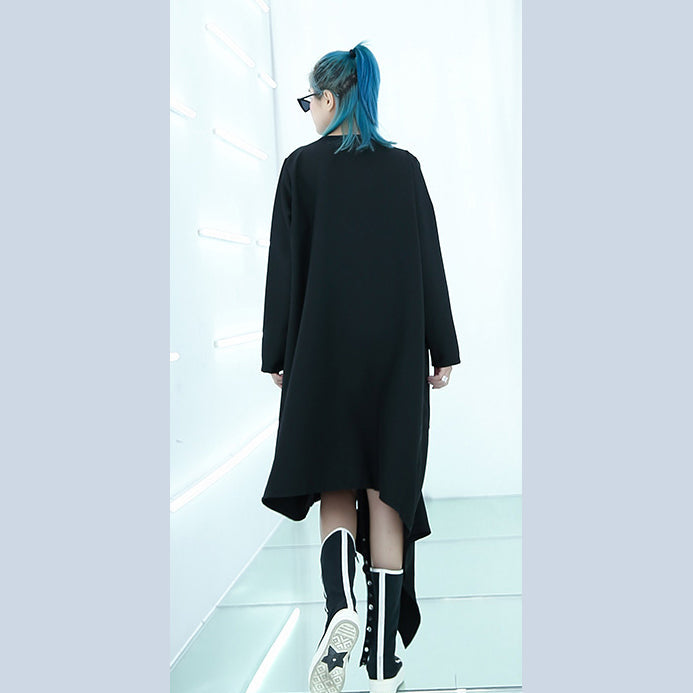 Fine Black Midi-length Dress Oversized Traveling Asymmetrical Design Boutique O Neck Autumn Dress